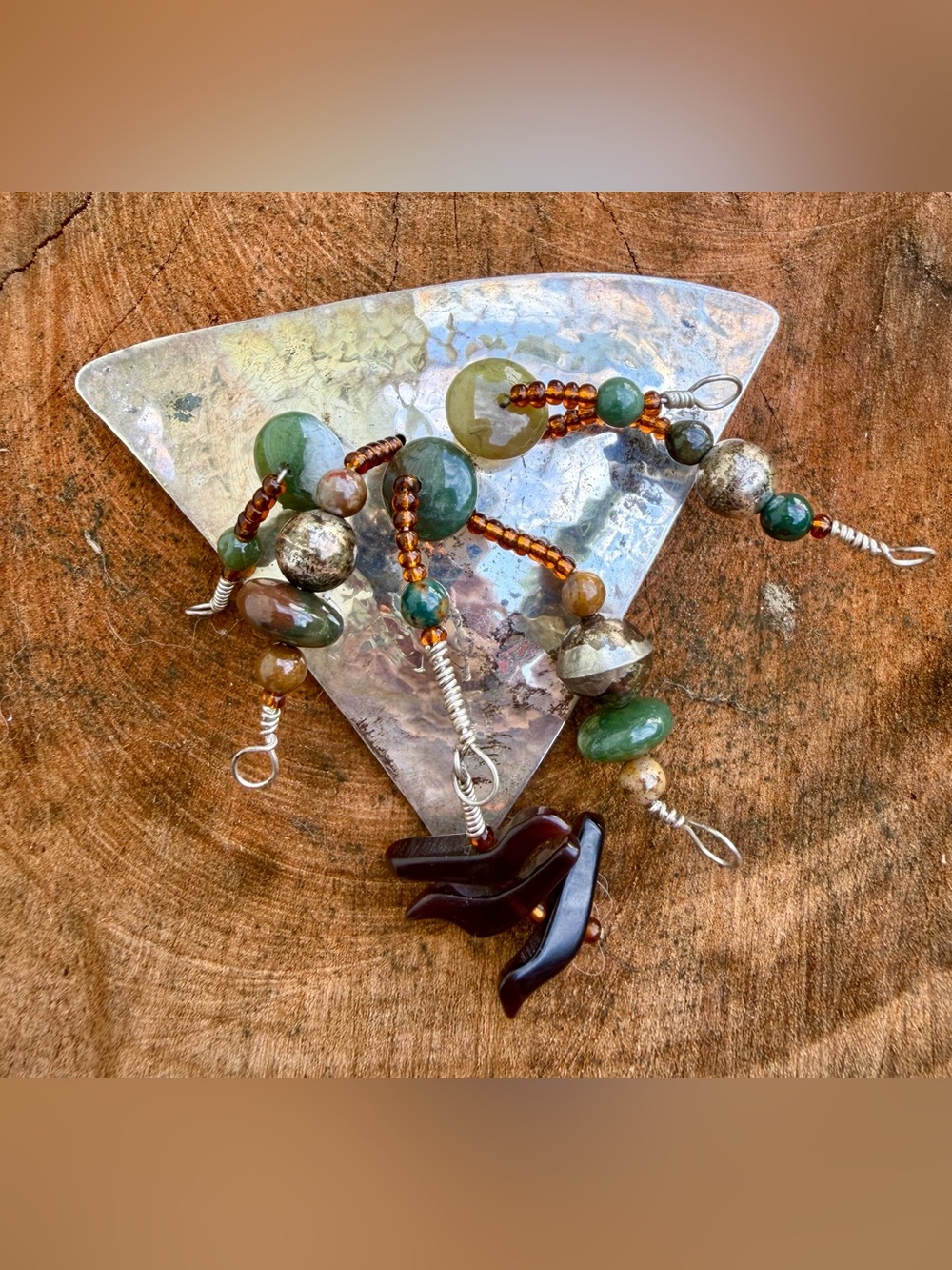 Handcrafted Green and Brown Multi-Bead Brooch